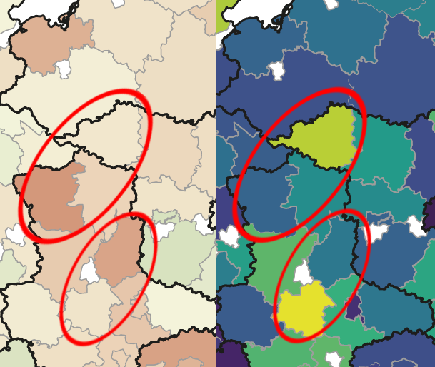 Karte Bestandsentwicklung Rotmilan und WEA Dichte Ostdeutschland