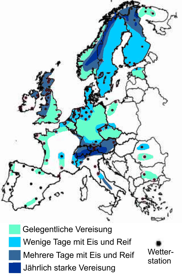 Karte von Europe mit verschiedenen Färbungen je nach Häufigkeit von Eis und Schnee